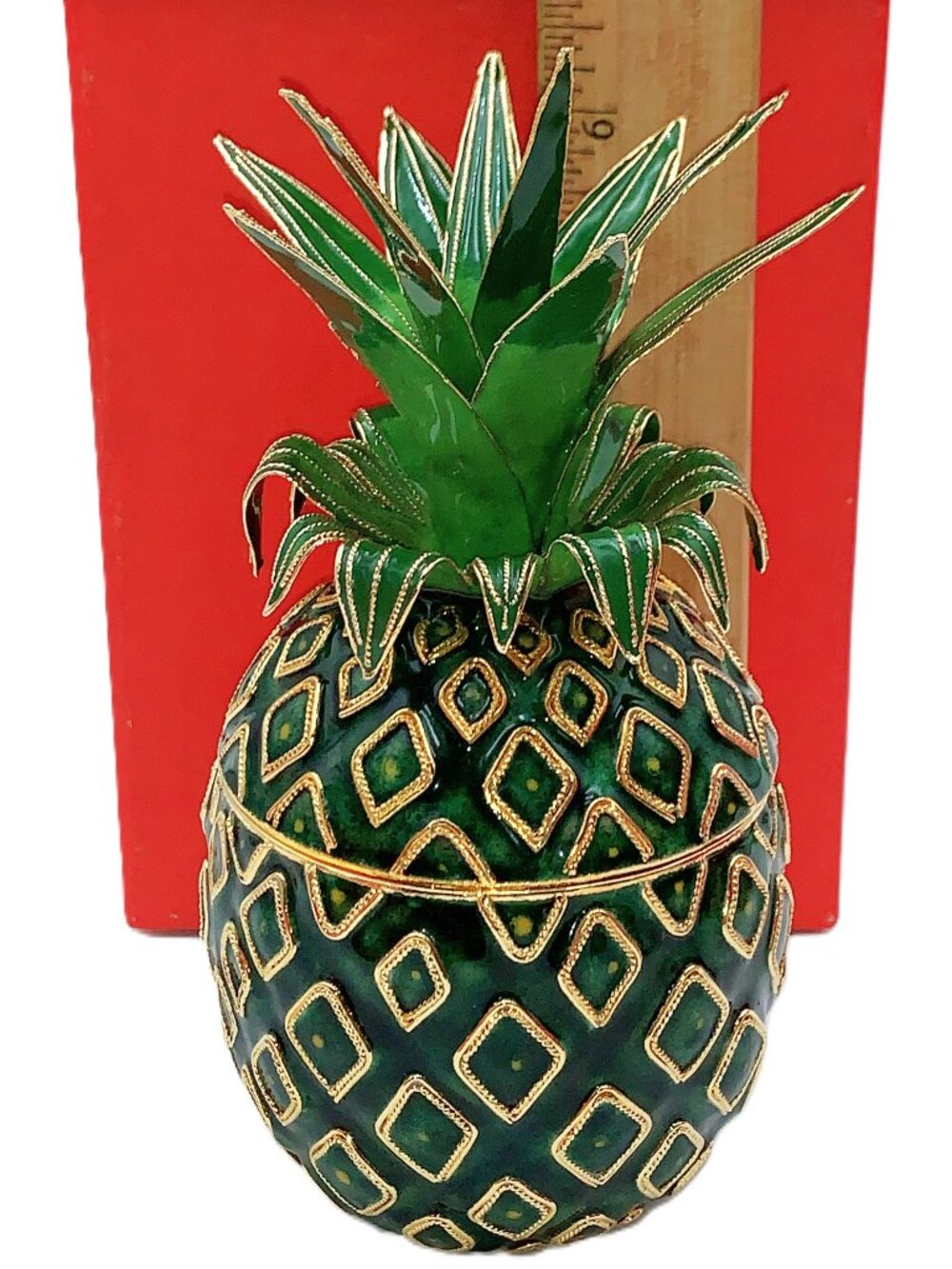 Large 7" PINEAPPLE Cloisonne Enamel Candy Trinket Box Jar Original Box Vintage - Picture 2 of 11